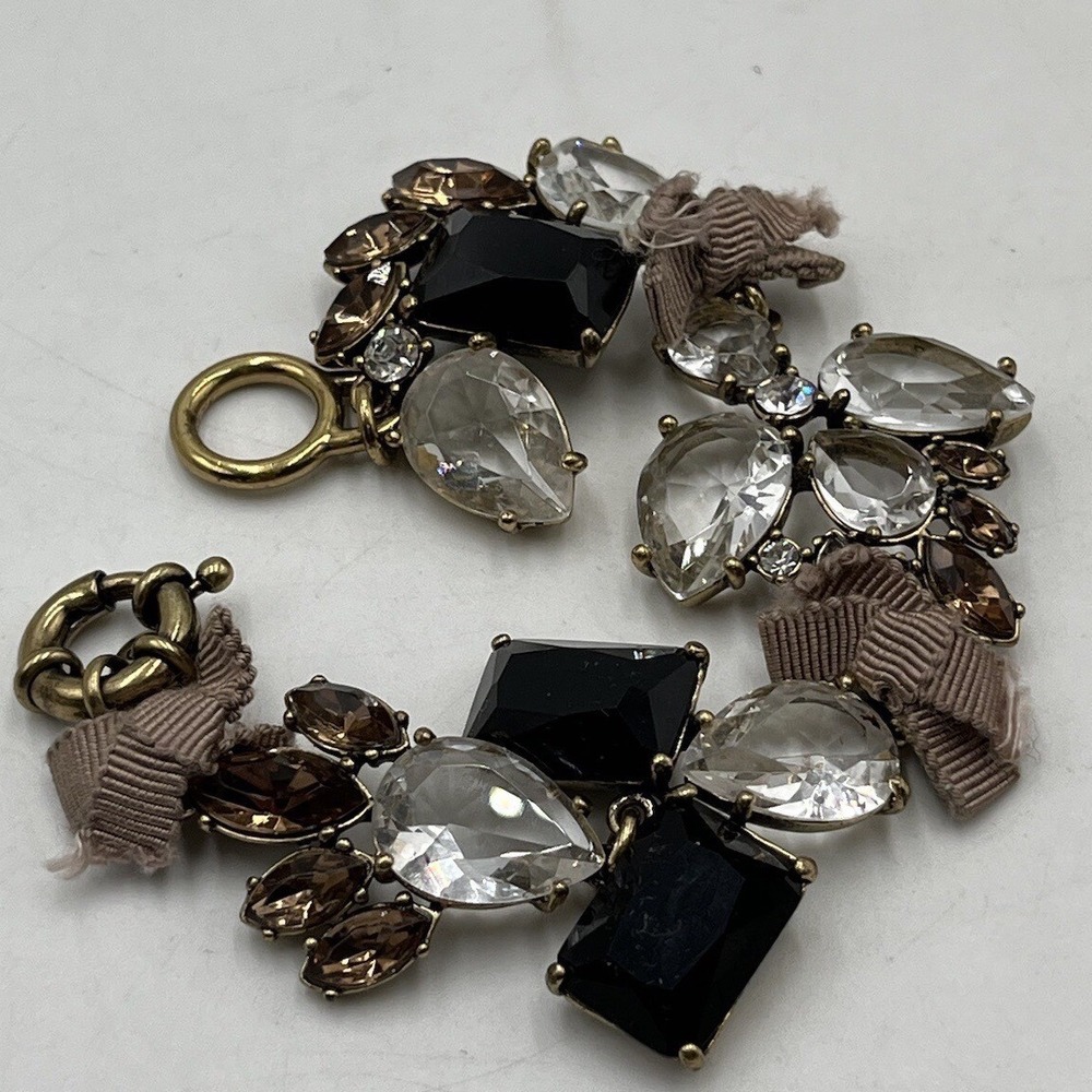 J. Crew Vintage Signed Black Clear Brown Rhinestone Ribbon Statement Bracelet